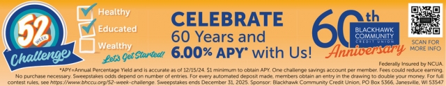 Celebrate 60 Years and 6.00% APY With Us!, Blackhawk Community Credit Union, Stoughton, WI