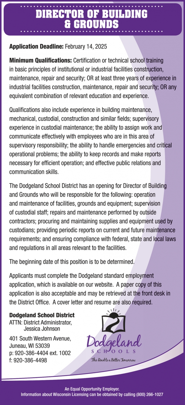 Director of Building & Grounds, Dodgeland School District