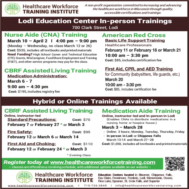 Lodi Education Center In-Person Trainings, Healthcare Workforce Training Institute, Eau Claire, WI