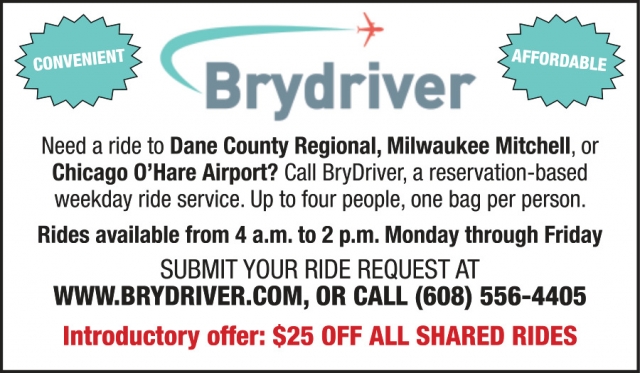 Designated Ride Times for Pickup, Brydriver, Madison, WI