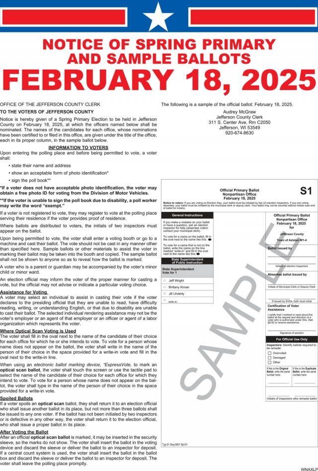 Notice of Spring Primary and Sample Ballots, Jefferson County, Jefferson, WI