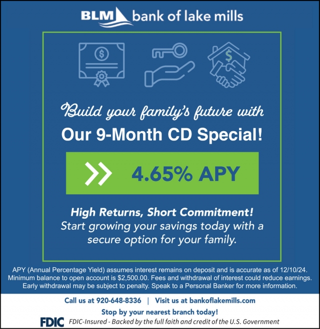 Our 9-Month CD Special!, Bank of Lake Mills, Lake Mills, WI