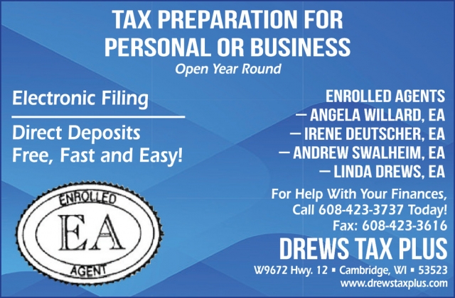 Tax Preparation for Personal or Business, Drews Tax Plus, Cambridge, WI