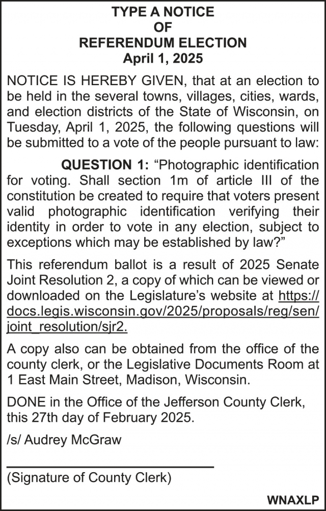 Type A Notice of Referendum Election, Jefferson County, Jefferson, WI