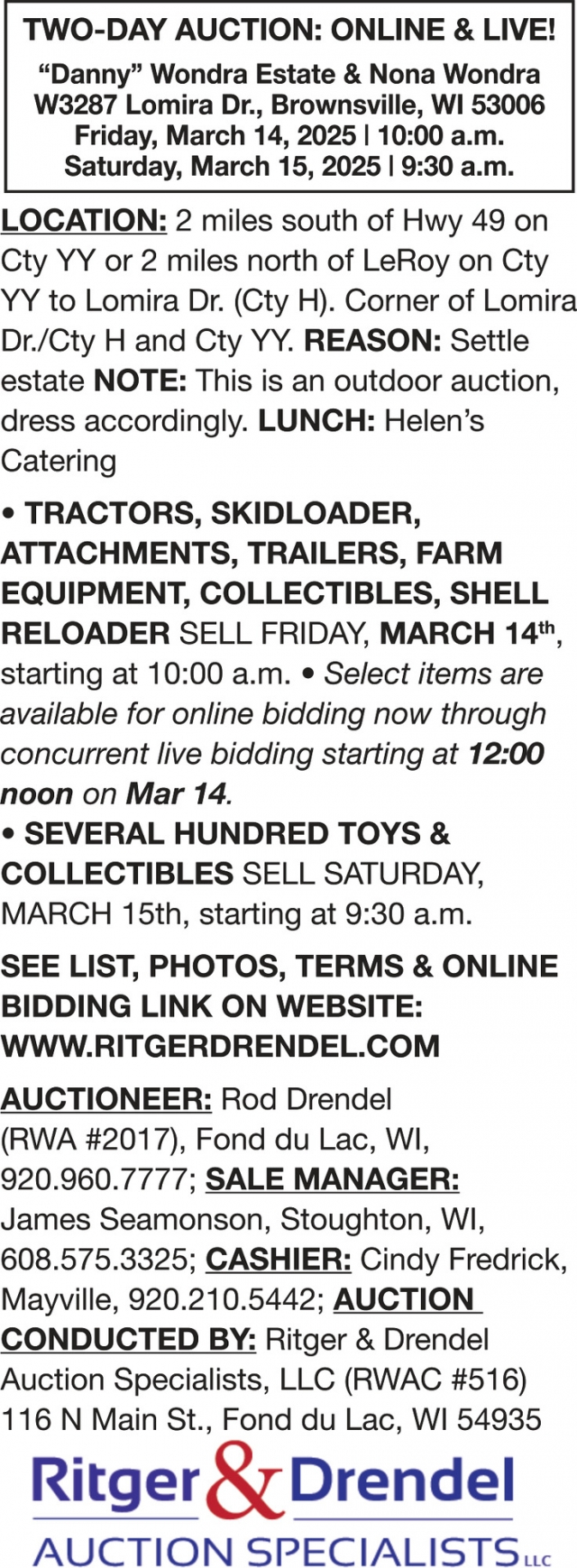 Two-Day Auction: Online & Live!, Ritger & Drendel Auction Specialists LLP, Fond Du Lac, WI