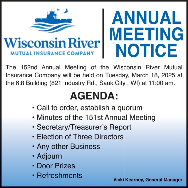 Annual Meeting Notice, Wisconsin River Mutual Insurance Company, Sauk City, WI