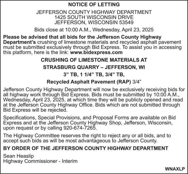 Notice of Letting, Jefferson County Highway Department, Jefferson, WI