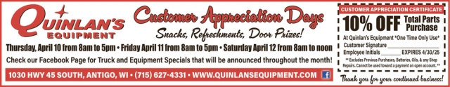 Customer Appreciation Days, Quinlan's Equipment, Inc., Antigo, WI