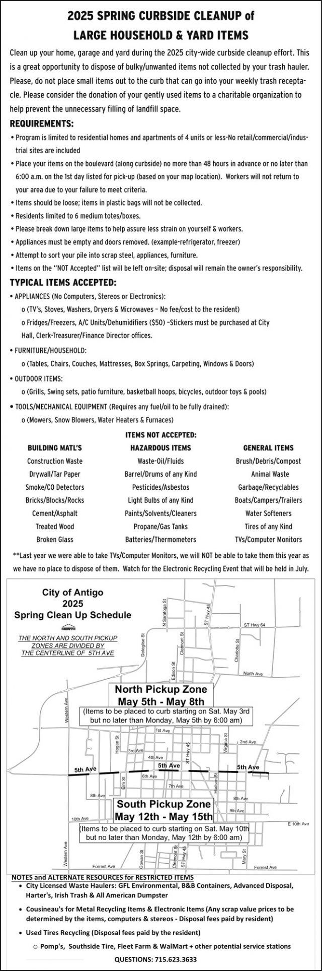 2025 Spring Curbside Cleanup, City of Antigo, Antigo, WI