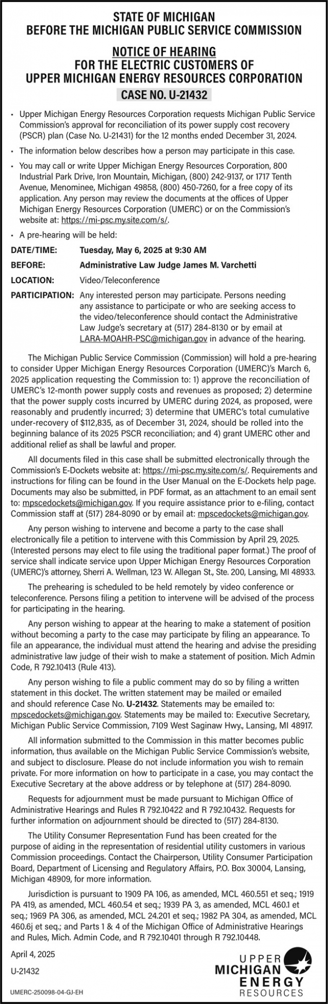 Notice of Hearing, Upper Michigan Energy Resources