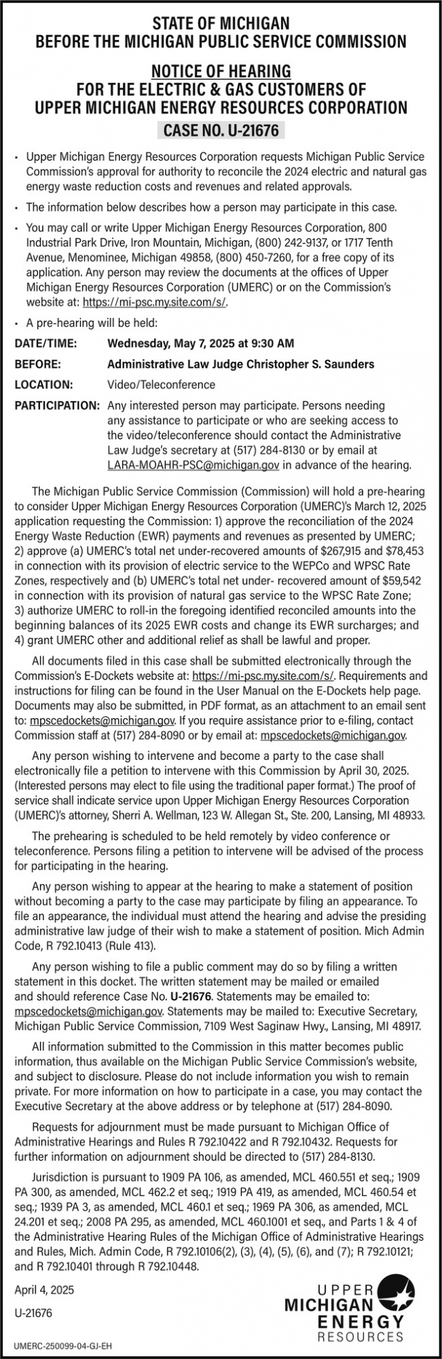 Notice of Hearing, Upper Michigan Energy Resources