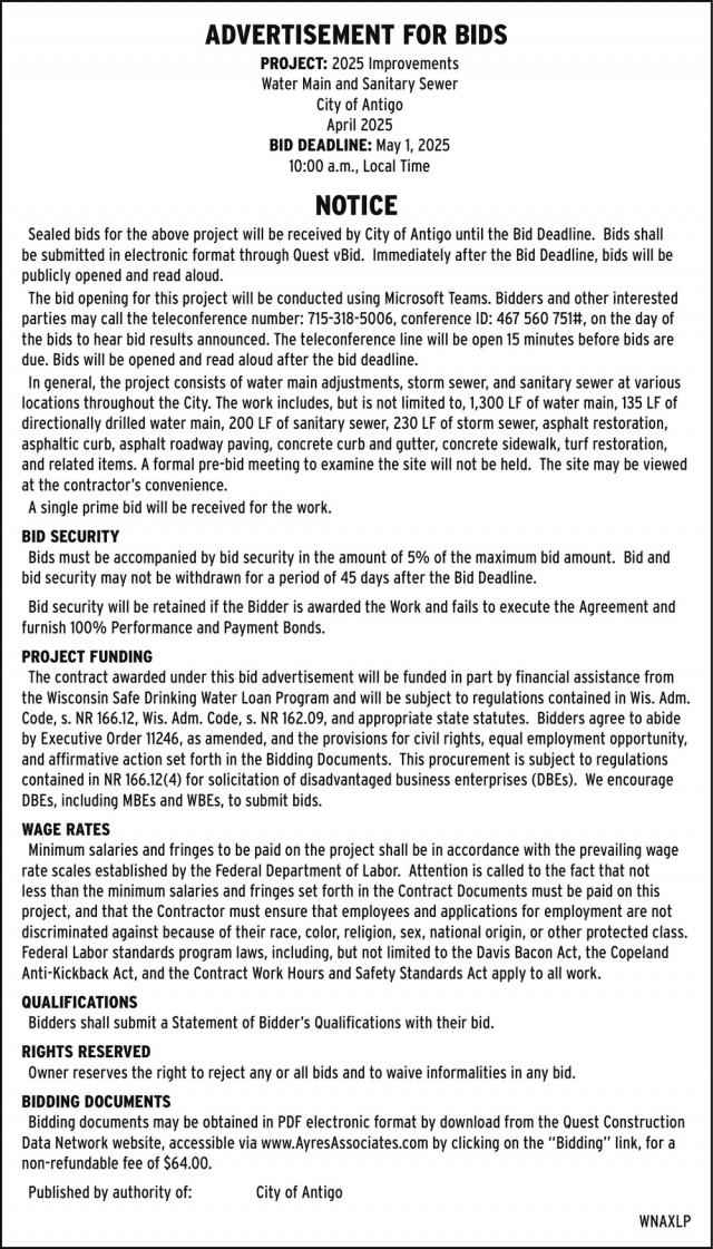 Notice, City of Antigo, Antigo, WI