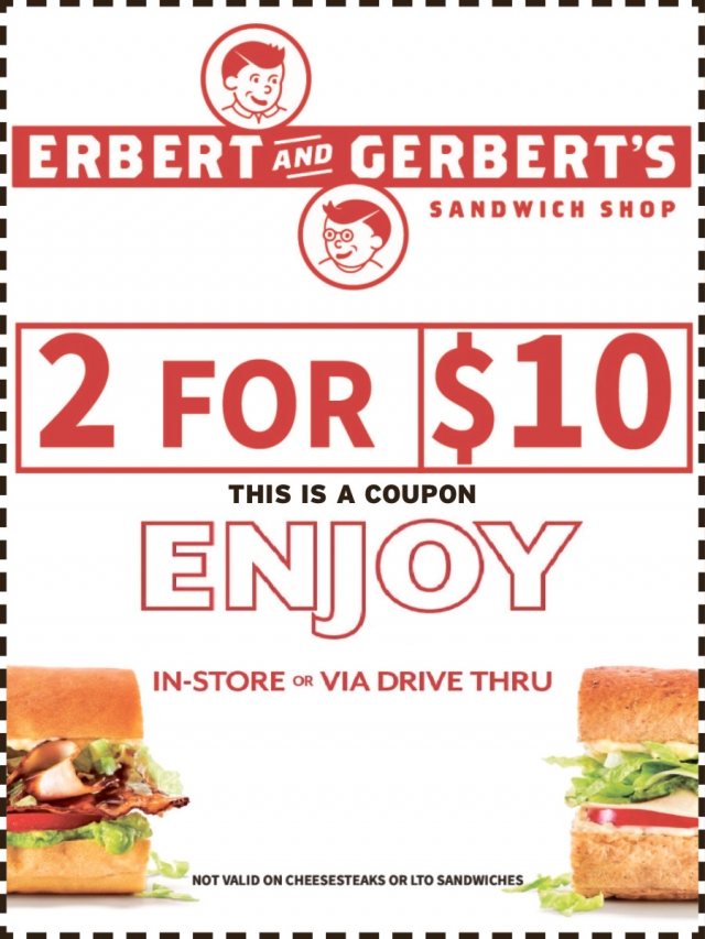 2 for $10, Erbert and Gerbert's Sandwich Shop - Antigo, Antigo, WI