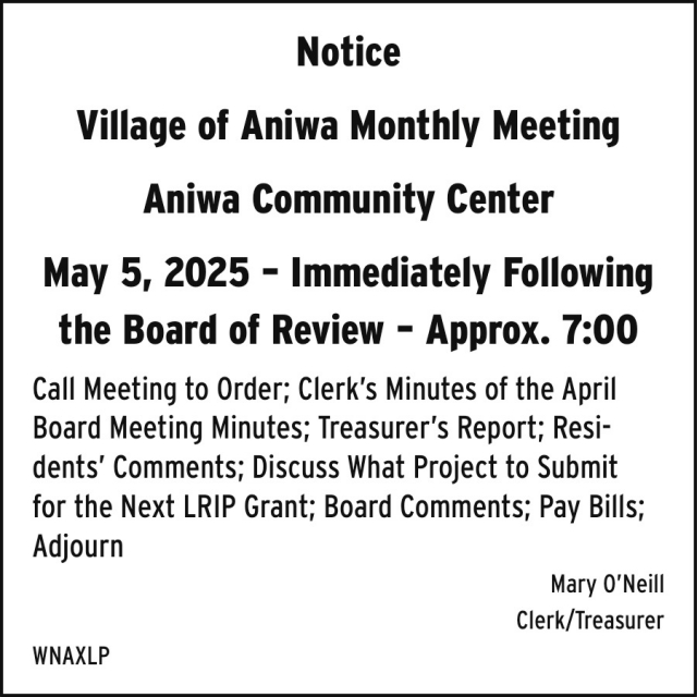 Notice, Village of Aniwa Monthly Meeting at Aniwa Community Center, Aniwa, WI