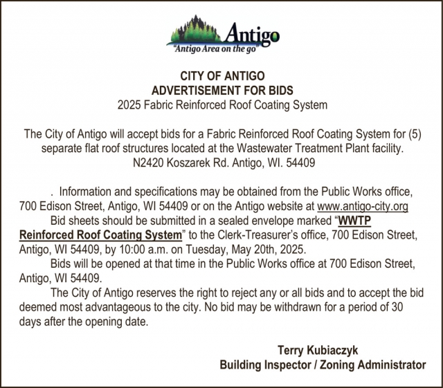 Advertisement for Bids, City of Antigo, Antigo, WI