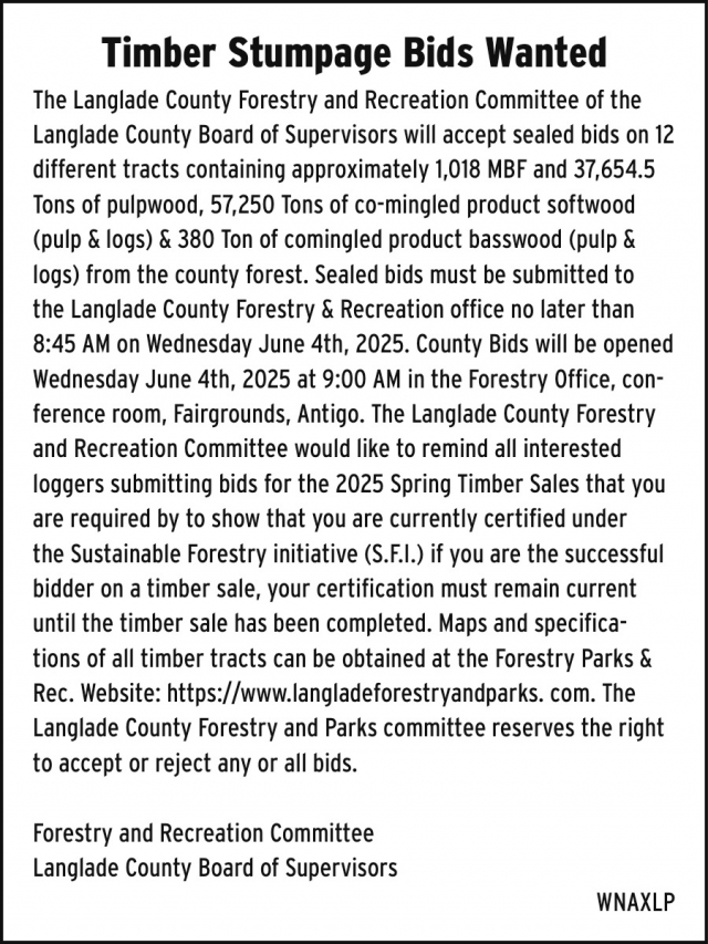 Timber Stumpage Bids Wanted, Langlade County Forestry, Parks and Recreation Administrator