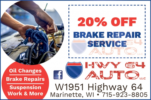 20% OFF Brake Service Repair, Hwy 64 Auto LLC, Marinette, WI