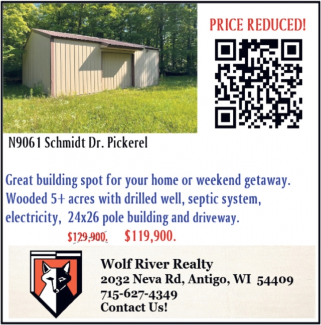 Price Reduced, Wolf River Realty, Antigo, WI