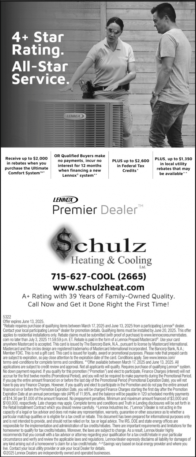 Lennox Premier Dealer, Schulz Heating & Cooling, Antigo, WI