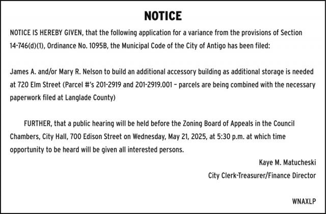 Notice, City of Antigo, Antigo, WI