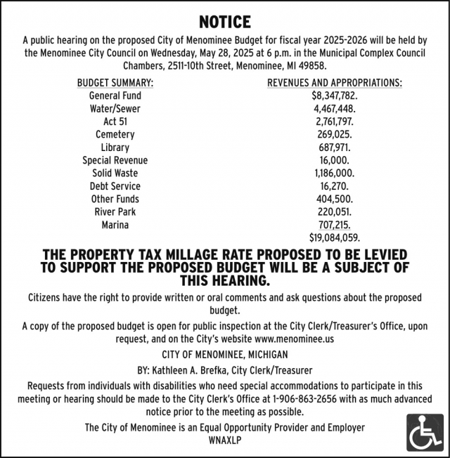 Notice, City of Menominee, Menominee, MI