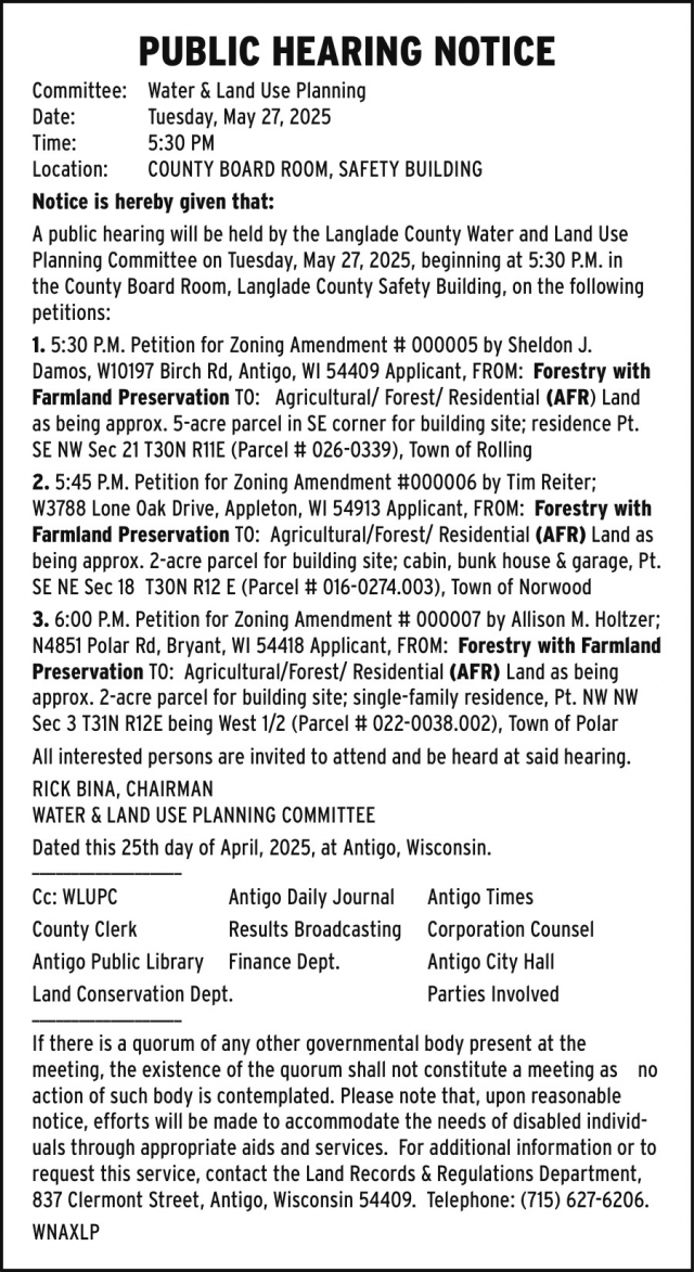 Public Hearing Notice, Langlade County