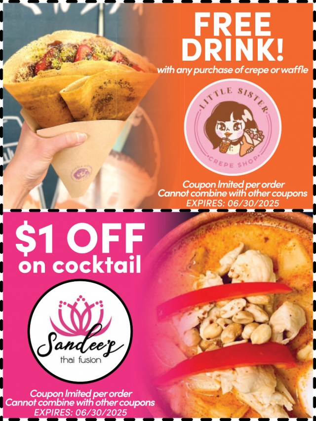 Free Drink, Little Sister Crepe Shop / Sandee's Thai Fusion