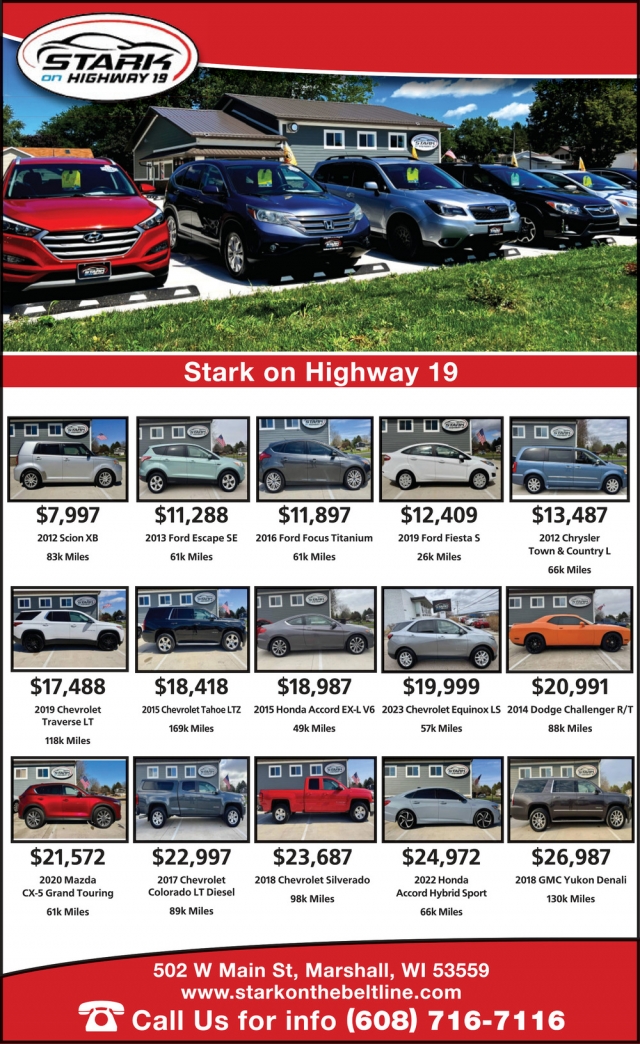 Cars for Sale, Stark on Highway 19, Marshall, WI