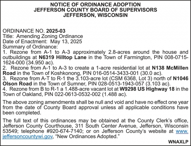 Notice of Ordinance Adoption, Jefferson County, Jefferson, WI