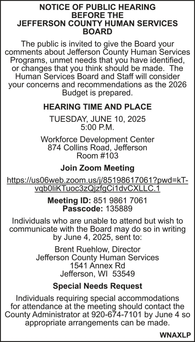 Notice of Public Hearing, Jefferson County Human Services, Jefferson, WI