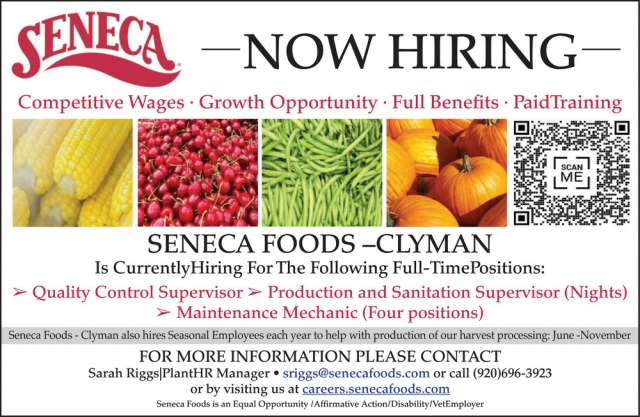 Now Hiring, Seneca Foods, Janesville, WI