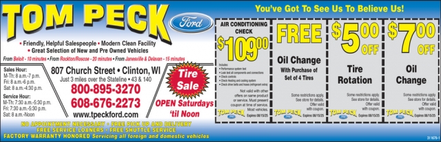 Great Selection of New and Pre Owned Vehicles, Tom Peck Ford of Clinton, Clinton, WI
