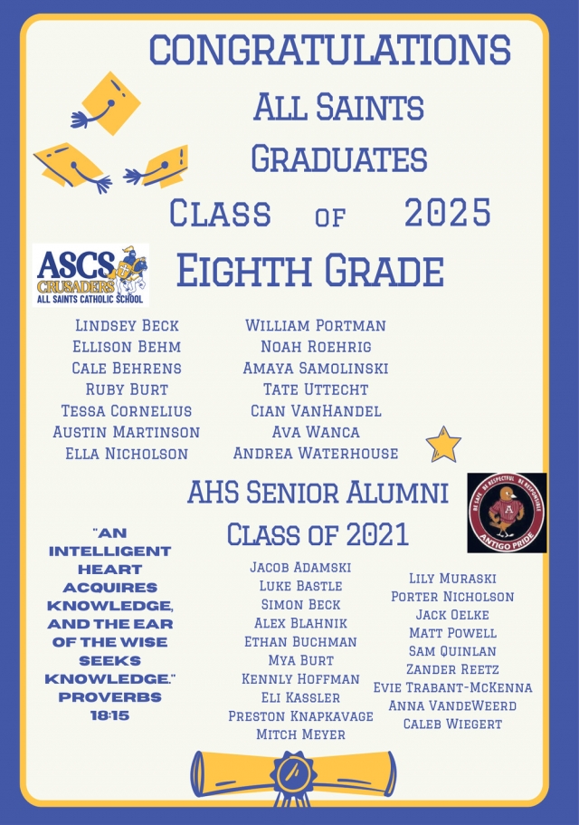 Congratulations All Saints Graduates, All Saints Catholic School, Antigo, WI