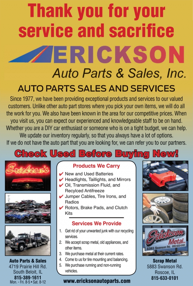 Auto Parts Sales and Services, Erickson Auto Parts & Sales, Inc., South Beloit, IL
