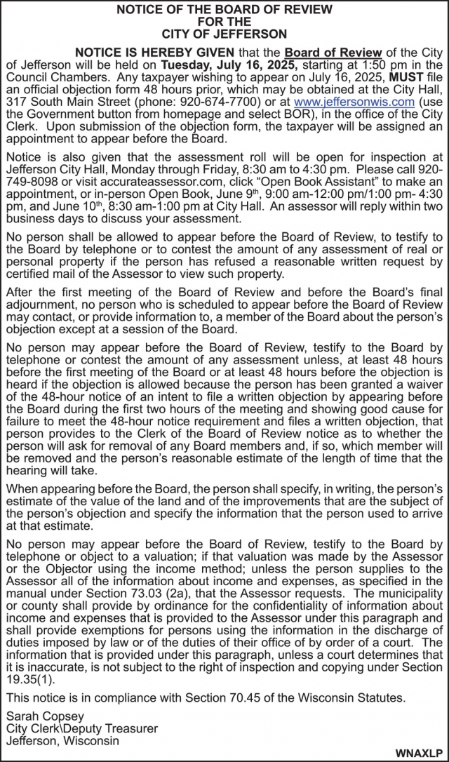 Notice of The Board of Review, City Of Jefferson, Jefferson, WI