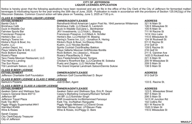 Liquor Licenses Application, City Of Jefferson, Jefferson, WI
