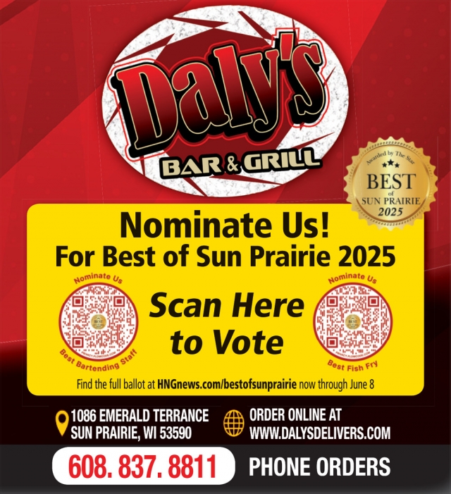 Voted Best Bartending Staff, Daly's Bar & Grill, Sun Prairie, WI