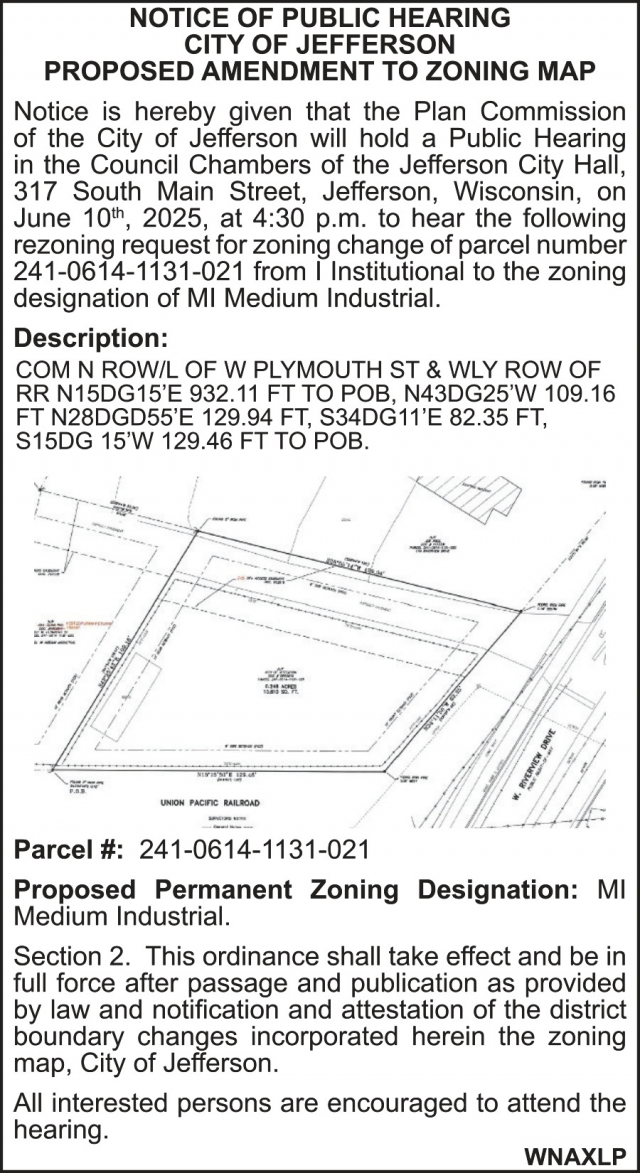 Notice of Public Hearing, City Of Jefferson, Jefferson, WI