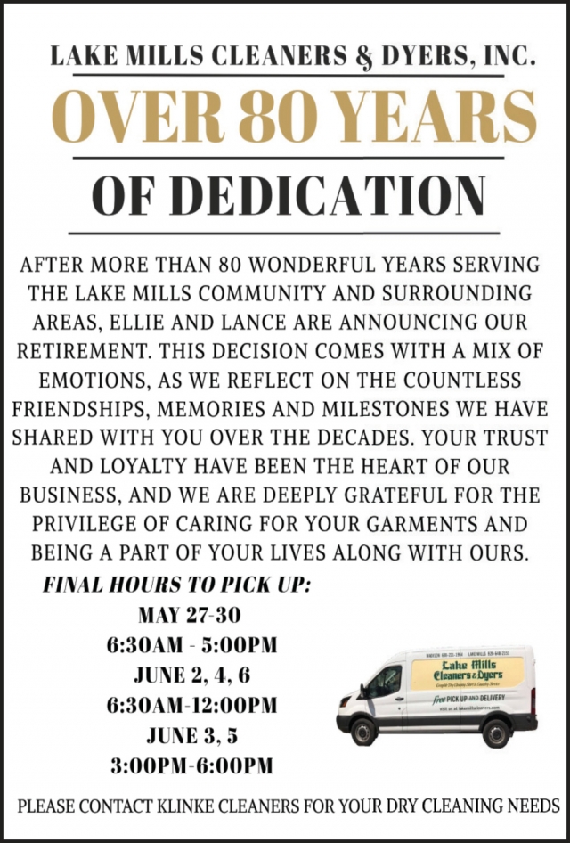 Over 80 Years of Dedication, Lake Mills Cleaners & Dyers, Inc., Lake Mills, WI