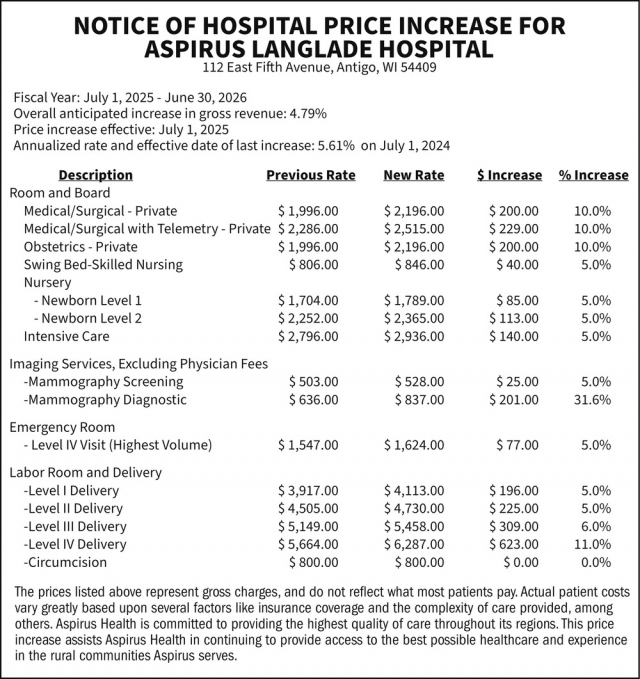 Notice, Aspirus Langlade Hospital