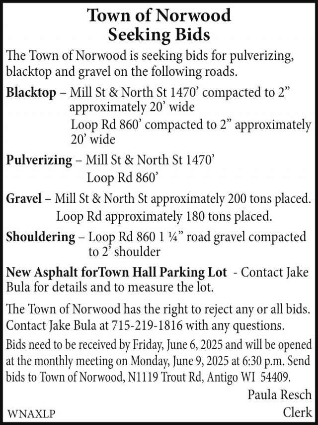 Seeking Bids, Town of Norwood
