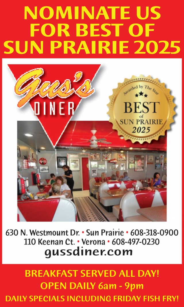Nominate Us for Best of Sun Prairie 2025, Gus's Diner, Verona, WI