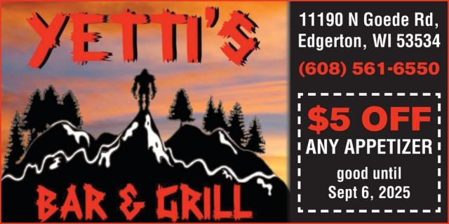$5 OFF Any Appetizer, Yetti's Bar & Grill, Newville, WI
