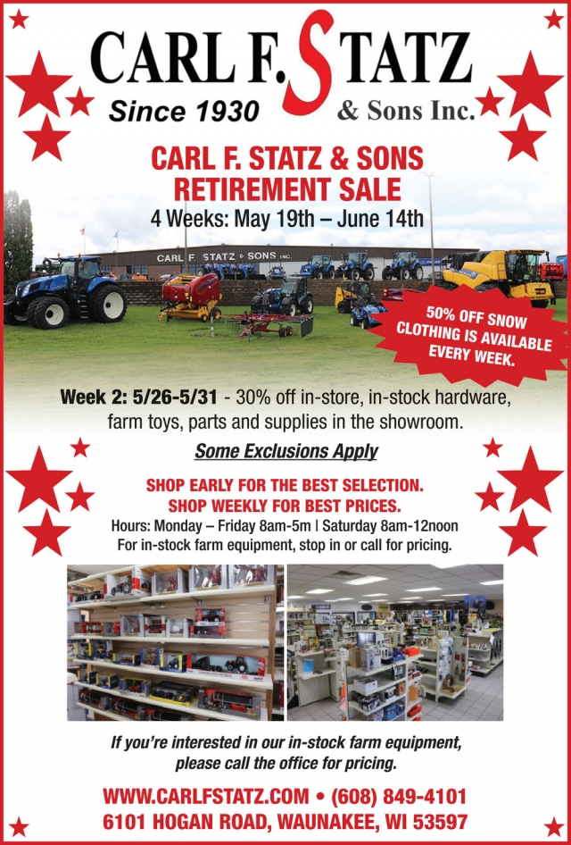 Retirement Sale, Carl F. Statz & Sons Inc, Waunakee, WI