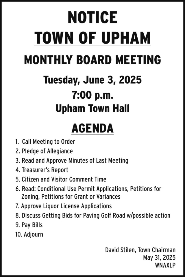 Notice, Town of Upham, Summit Lake, WI