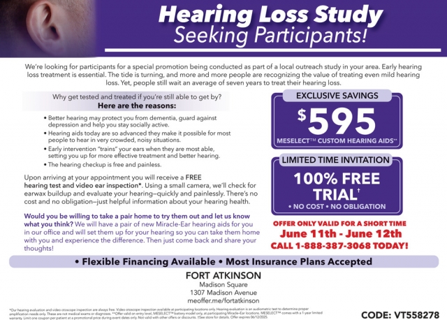 Hearing Loss Study, Miracle Ear - Fort Atkinson