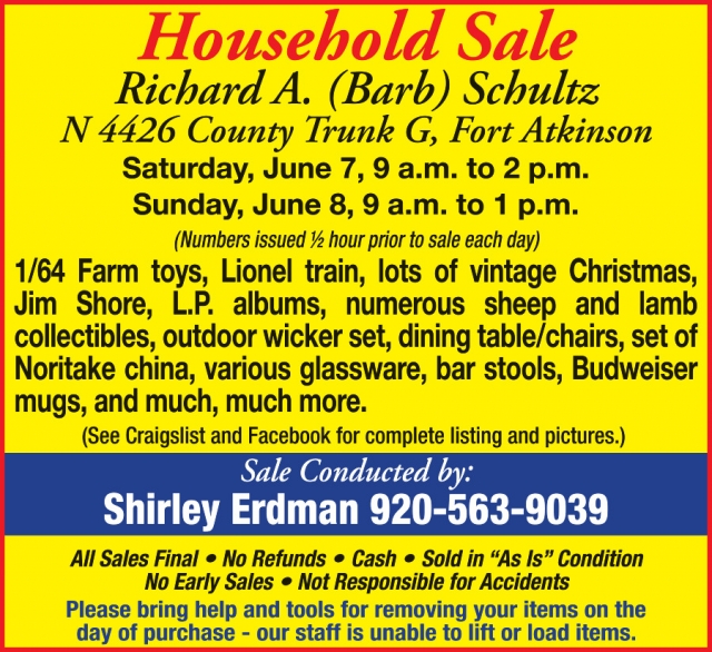 Household Sale, Shirley Erdman Estate Sales, Fort Atkinson, WI