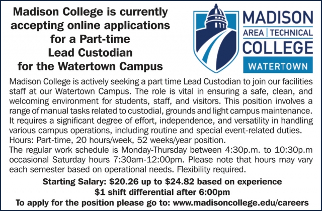Lead Custodian, Madison College, Madison, WI