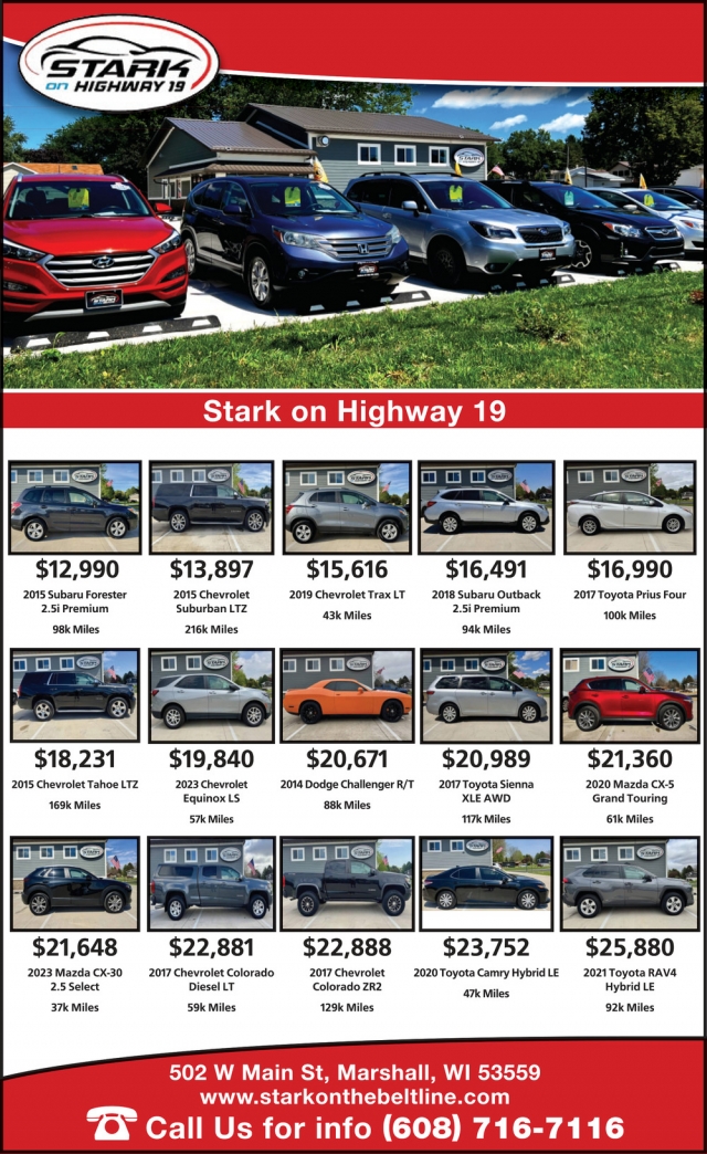 Cars for Sale, Stark on Highway 19, Marshall, WI