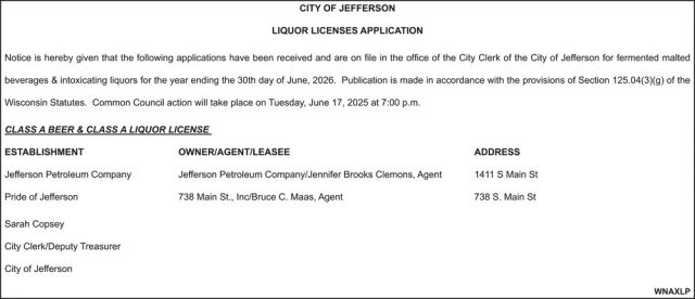Liquor Licenses Application, City Of Jefferson, Jefferson, WI